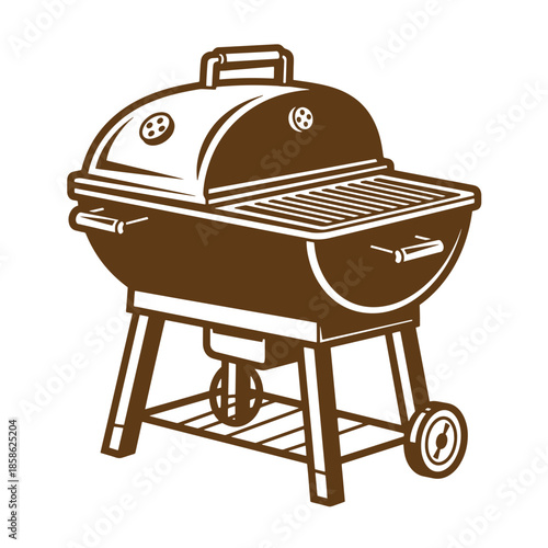 Vintage Brown illustration of a barbecue grill with a grill and a closed lid on a stand with wheels for outdoor cooking