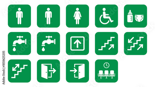 Vector icons Collection of Green Square Public Information Signs for Facilities and Directions. Vector Illustration. EPS Editable