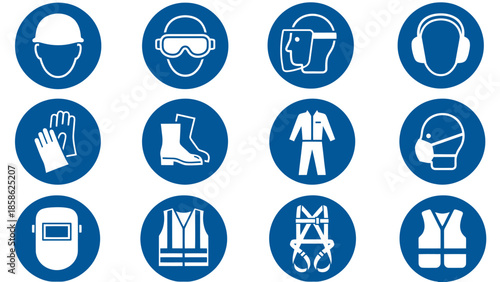 Vector icons Collection of mandatory safety signs for personal protective equipment in industrial and construction environments. Vector Illustration. EPS Editable
