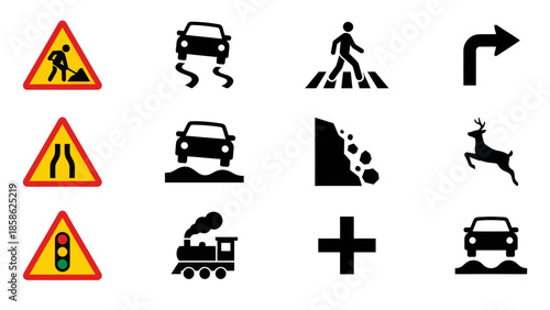 Vector icons Collection of Road Signs and Traffic Symbols for Driving Safety and Awareness. Vector Illustration. EPS Editable