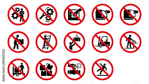 Vector icons Collection of prohibited signs for industrial safety and workplace regulations illustrating various forbidden actions and hazards. Vector Illustration. EPS Editable