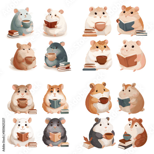 Cute hamster characters reading books and relaxing illustrated in a cozy style ideal for kids education nursery decor library themes and storytelling projects