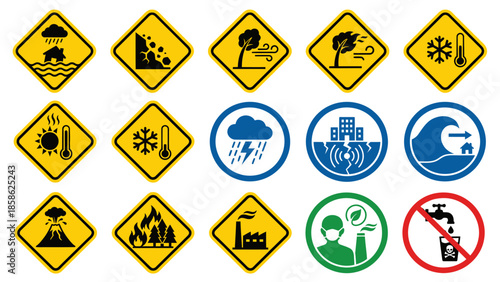 Collection of various natural disaster and warning signs including flood landslide strong wind snow heat cold rain earthquake tsunami volcano fire factory pollution chemical hazard and water shortage
