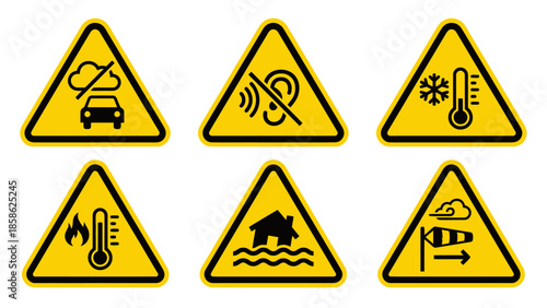 Vector icons Collection of six yellow triangular warning signs indicating various environmental and sensory hazards. Vector Illustration. EPS Editable