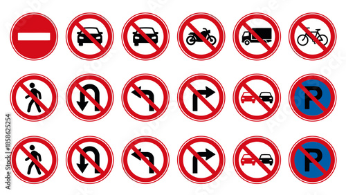 Vector icons Collection of various red and blue circular traffic signs indicating prohibitions and restrictions on a white background. Vector Illustration. EPS Editable