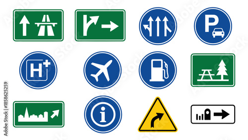 Vector icons Collection of various road and traffic signs for navigation and information. Vector Illustration. EPS Editable