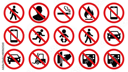 Vector icons Collection of various red prohibition signs with black icons indicating forbidden actions and restrictions. Vector Illustration. EPS Editable
