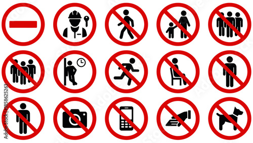 Vector icons Collection of various prohibition and warning signs on a white background illustrating different restrictions and forbidden actions. Vector Illustration. EPS Editable
