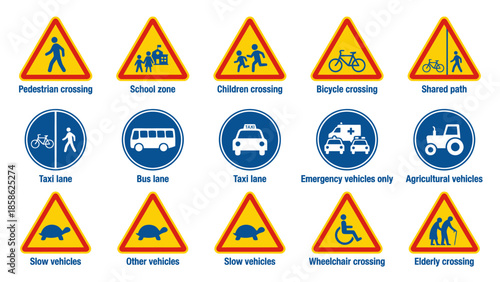 Collection of various road signs including warning signs for pedestrians school zones children bicycles and shared paths along with regulatory signs for bus lanes taxis emergency vehicles and agricult