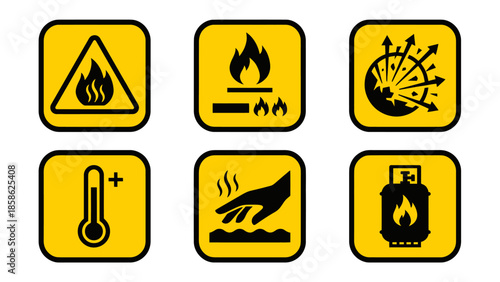 Vector icons Hazard Warning Signs Set Flammable Explosive High Temperature Hot Surface and Gas Cylinder Icons. Vector Illustration. EPS Editable