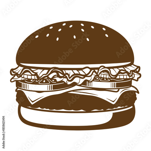 Vintage Brown illustration of a hamburger with lettuce and cheese on a sesame seed bun isolated on white background