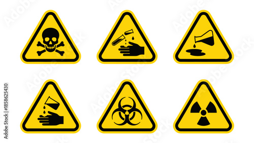 Vector icons Hazardous Warning Signs Collection Skull Corrosive Flammable Biohazard and Radiation Symbols. Vector Illustration. EPS Editable