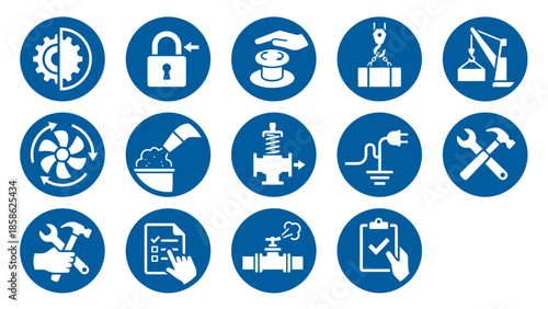 Vector icons Set of blue mandatory safety signs for industrial and mechanical operations. Vector Illustration. EPS Editable