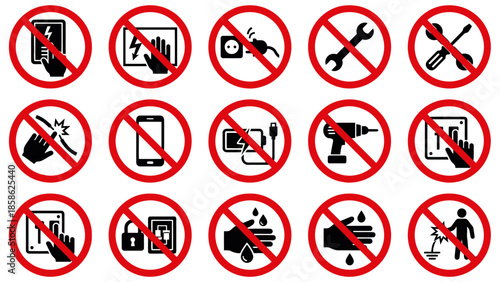 Vector icons Set of 15 Prohibition Signs for Electrical Safety and General Warnings. Vector Illustration. EPS Editable