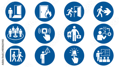 Vector icons Set of blue mandatory safety signs for various situations and actions. Vector Illustration. EPS Editable