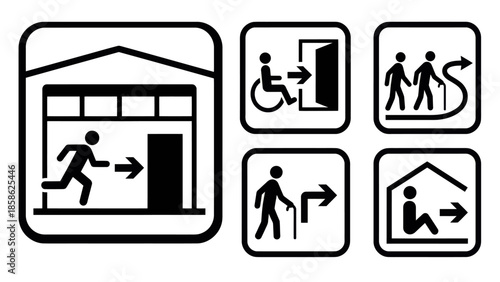 Vector icons Set of five black and white emergency exit and accessibility signs for public buildings and safety regulations. Vector Illustration. EPS Editable