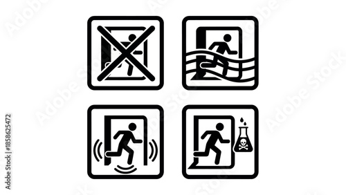 Vector icons Set of four black and white emergency exit and safety warning signs depicting various scenarios for evacuation and danger. Vector Illustration. EPS Editable