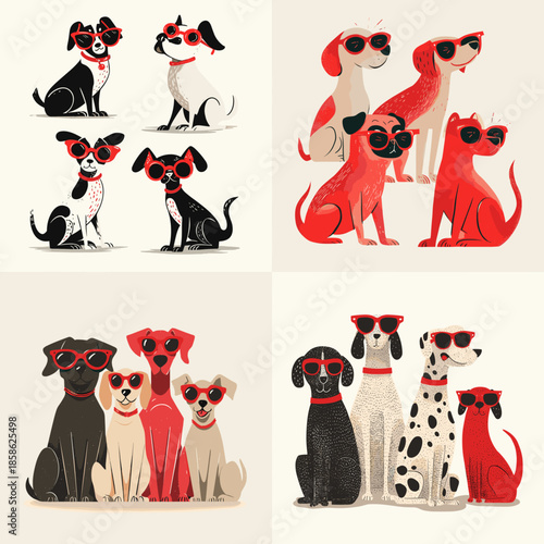 Stylish dog characters wearing sunglasses in a fun illustration set ideal for kids decor playful branding pet themed graphics and cheerful animal collections