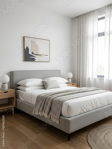 Serene bedroom interior design with minimalist aesthetic and neutral tones