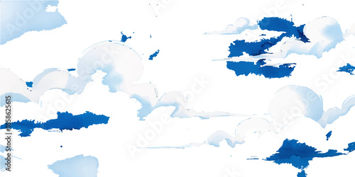 Abstract watercolor blue background with clouds featuring a global vector illustration of a world map and planet earth continents for travel and business