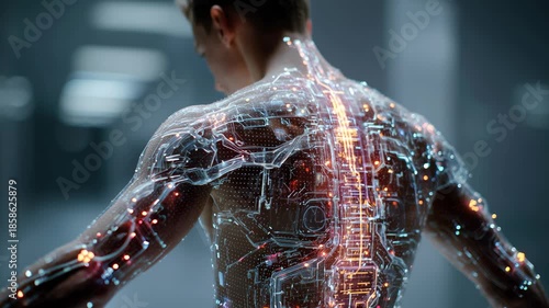 Futuristic male body back view with glowing neural network and energy pathways