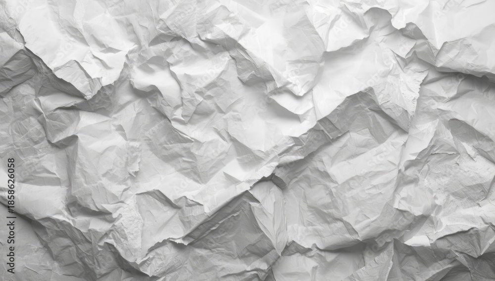 Fototapeta premium Detailed view of wrinkled white paper surface suitable for editorial header backgrounds or UI backdrops, textured material