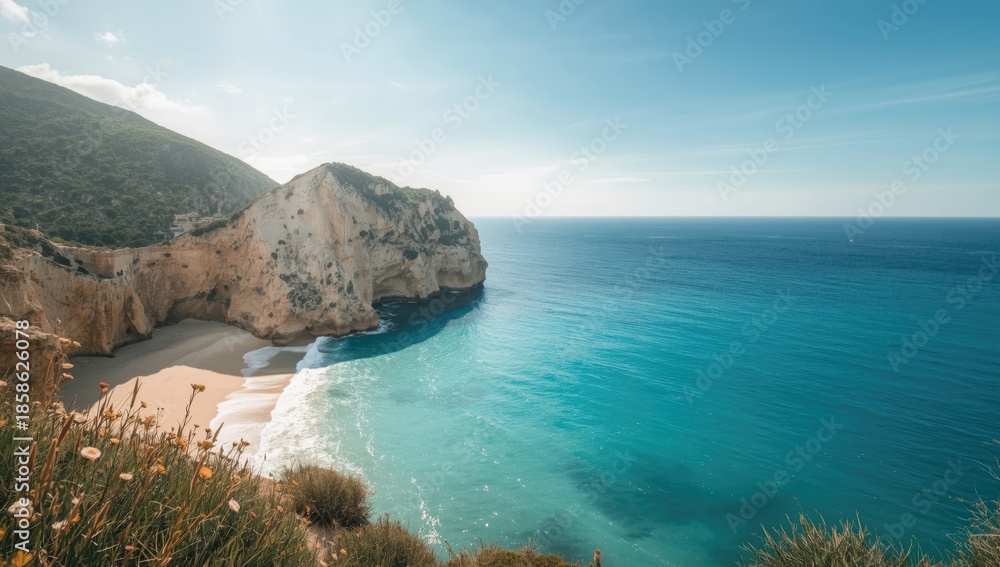 Fototapeta premium Turquoise water and rocky coast at Cala de Moraig in Alicante, Spain, ideal for editorial header background or visual design