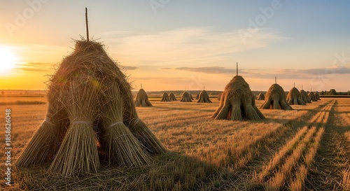 Haystacks on Field at Sunset.