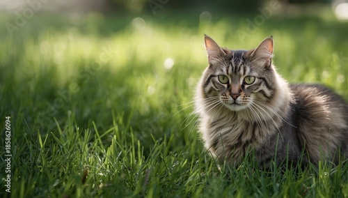 Feline with vivid green eyes and striped coat lying still, showcasing pet calmness