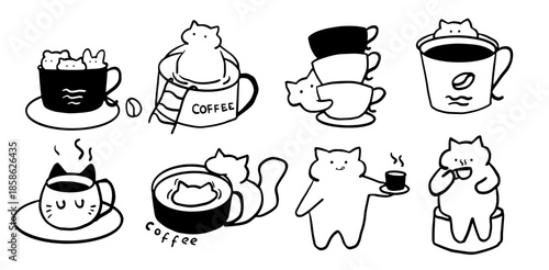 Cartoon Cats Enjoying Coffee Cups Illustration.