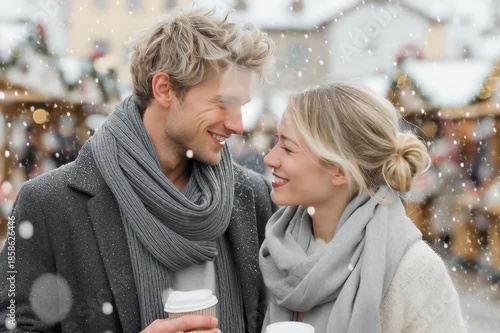 Smiling couple in winter clothes enjoying hot drinks at Christmas market, romantic snowy atmosphere with holiday lights and decorations