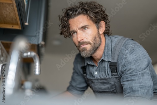 Plumber concentrating on a repair in the kitchen wearing an apron