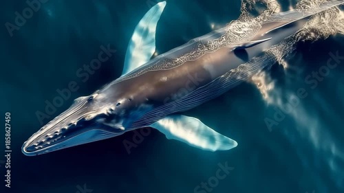 Cinematic realistic blue whale swimming through deep blue ocean waters