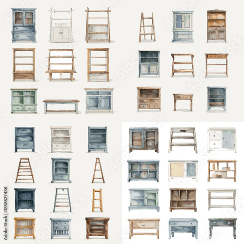 Watercolor furniture illustration collection featuring ladders shelves benches and rustic storage elements. Isolated objects suitable for interior decor editorial design and home styling.