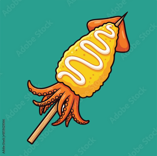 fried squid on stick vector illustration