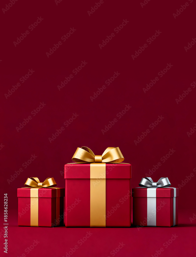 Obraz premium Three red gift boxes with gold and silver ribbons on deep red background