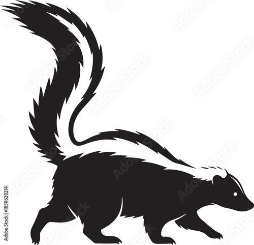 A striking black and white illustration of a skunk walking forward