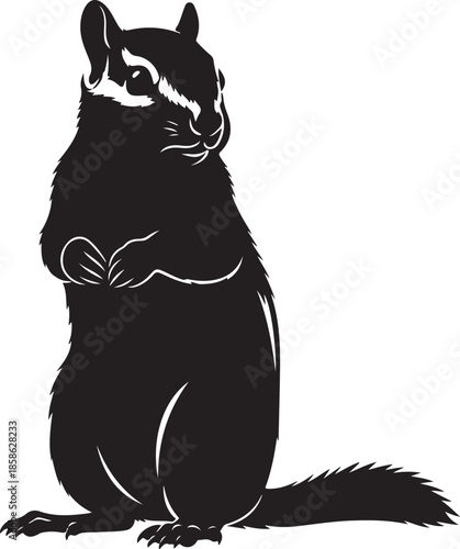 A detailed black and white silhouette of a standing chipmunk with folded paws