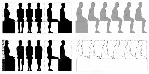 Silhouettes of people seated in rows varying in color and perspective