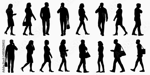 Silhouettes of diverse people walking in different poses and attire