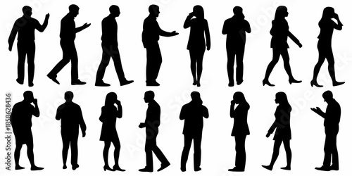 Diverse group of people silhouettes walking and interacting in various poses