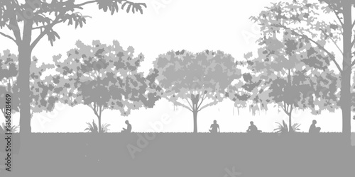 Silhouetted trees and people enjoying a peaceful outdoor scene at sunset