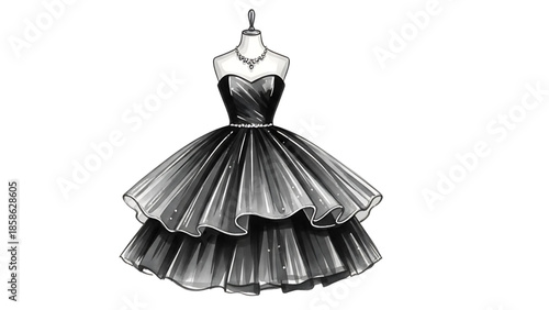 Elegant black strapless gown with shimmering tiered skirt and crystal necklace on a mannequin