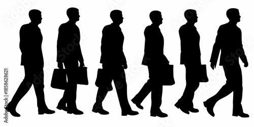 Silhouettes of business people walking in a row with briefcases