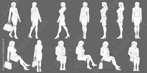 Fashion design sketches of women in various poses and professional attire