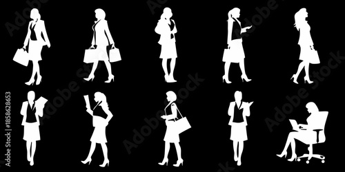 Silhouette series of women in business attire walking and seated