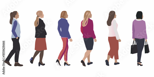 A diverse group of women walking in different styles and attire
