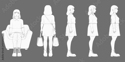 Line art depiction of a woman in various poses and outfits