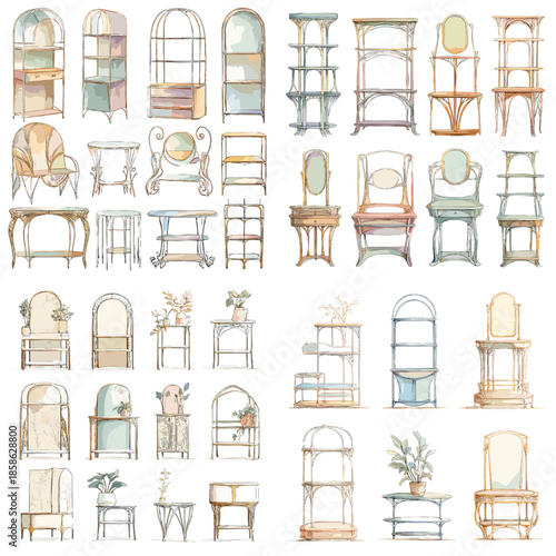 Watercolor illustration collection of elegant chairs tables mirrors and windows with soft hand drawn lines. Isolated elements designed for interior decor concepts and refined lifestyle visuals.
