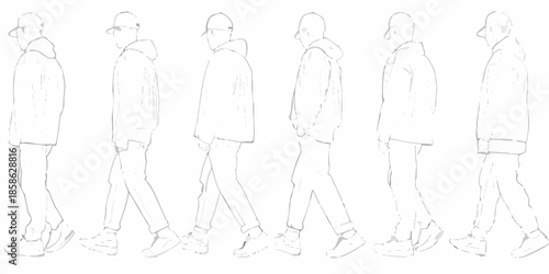 A series of line drawing figures showing a man in different walking poses